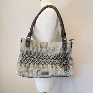 Chala Gray Canvas Smocked Dragonfly Charm Shoulder Bag Tote Gray Brown Boho